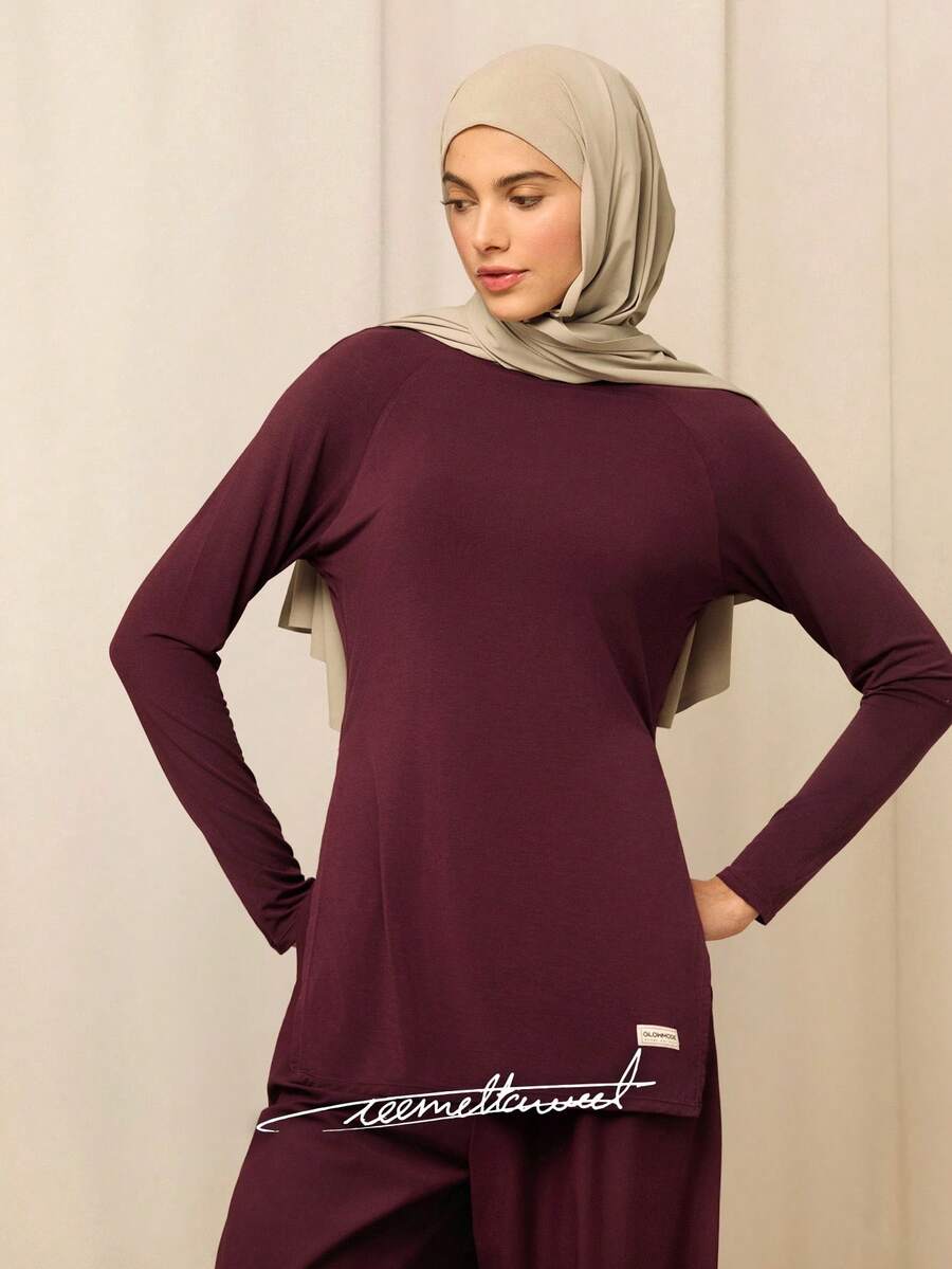 GLOWMODE X Reem Modest Tencel™ Modal All-Day Ease Silky-Soft Smooth Stretchy Lightweight Side-Split Hem Mid-Length T-Shirt Daily Casual Wear - Purple - View 1
