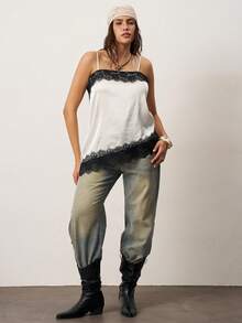 Enliva Áo hai dây phối ren satin cỡ lớn dành cho nữ, vạt áo bất đối xứng với chi tiết ren trang trí, áo mặc đi chơi, phù hợp với dáng người quả táo và tròn trịa, thích hợp cho mùa hè. - Màu be - Xem 5