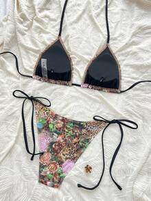 Swim Vcay Bộ bikini hai mảnh họa tiết da báo ngẫu nhiên dành cho nữ, kiểu dáng dây mảnh, buộc dây bên hông, thích hợp cho mùa Xuân/Hè 2026. - Nhiều màu - Xem 4