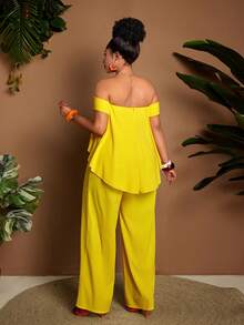 Maweii Plus Size Women's Casual Bohemian Style Vacation Solid Color Off-Shoulder Loose Wide Leg Jumpsuit, Spring/Summer - Yellow - View 6