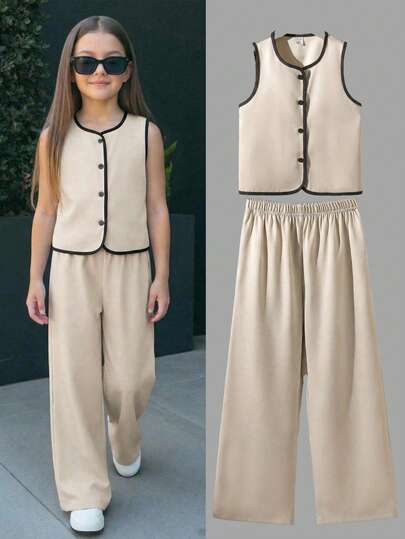 SHEIN 少女优雅通勤都市休闲撞色无袖西装背心和宽松直筒裤撞色饰边编织背心套装，春夏款