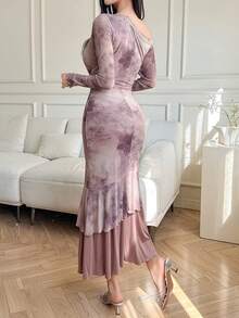 DAZY Women's Asymmetric Neckline Long Sleeve Ruffle Hem Dress - Purple - View 5