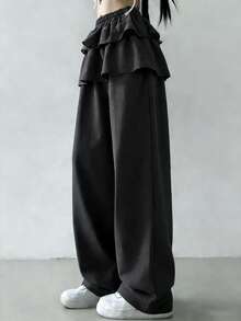 FRIFUL Women's Elastic Waist Layered Ruffle Hem 2 In 1 Sweatpants - Black - View 2