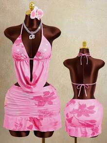 Zestiva Bộ bikini 4 mảnh dành cho nữ, cổ khoét sâu, đính đá lấp lánh, kiểu dáng suông, thích hợp cho tiệc bãi biển và kỳ nghỉ. - Hồng - Xem 2