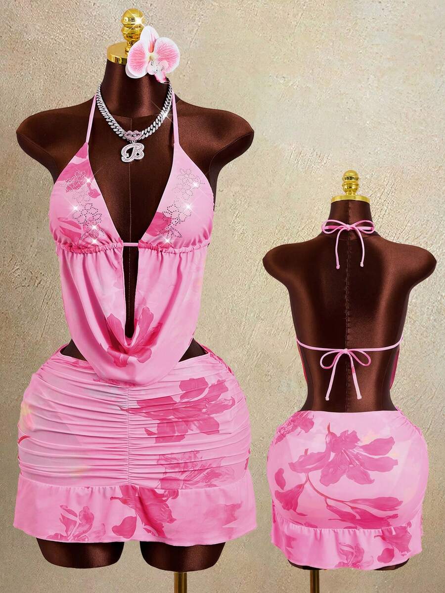 Zestiva Bộ bikini 4 mảnh dành cho nữ, cổ khoét sâu, đính đá lấp lánh, kiểu dáng suông, thích hợp cho tiệc bãi biển và kỳ nghỉ. - Hồng - Xem 1