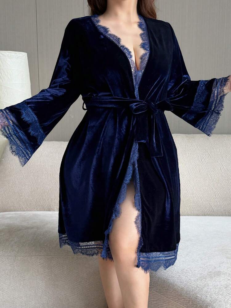 Dazy Plus Velvet Contrast Lace V-Neck Loose Tie-Up Elegant Long Plus Size Women Robe, Spring/Autumn