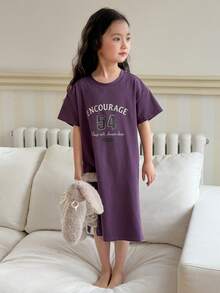 DAZY 少女字母印花圆领宽松直筒休闲短袖连衣裙家居服 - 紫色 - 查看 5