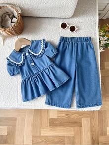LMoss Kids 2 pièces Ensemble Top à manches courtes et pantalon ample en jean bleu pour bébé fille - Jean clair - Voir 3