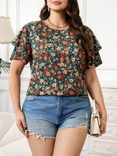 Reflora Plus Size Women Summer Casual Vacation Floral Print Layered Flutter Sleeve Loose Blouse Summer,Spring,Summer Outfits ,Summer Clothes,Summer Holiday Outfits,Spring Outfit Women,Spring Clothing,Spring Women, Elegant Vacation Style Printed Ruffle Trim Short Sleeve Blouse Summer For Women Summer Summer Vacations Summer For Woman Summer Women Elegant Blouses For Women Elegant Women's Blouses Summer Top Floral Blouse Floral Blouse For Women Flower Carnival Costume Carnival Women Look 2026 Women Carnival Costume Carnival Carnival Costume For Women Women's Carnival Costume Birthday Es For Women Birthdays For Women Vacations Women Holidays For Women Summer Holidays Summer Vacations