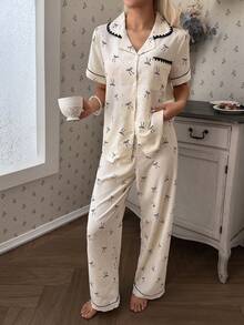 CottageSlumber Fresh Polka Dot Bow Collar Women Pajama Set - Multicolor - View 5