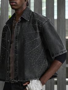 NEON BLANC Rhinestone Embellished Front Button Loose Casual Short Sleeve Denim Shirt - Black - View 6