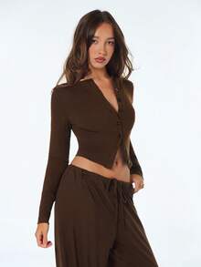 SHEIN ICON Women's Brown Casual Going Out Solid Color Front Button Fitted Casual Long Sleeve Top, Spring To Summer - Brown - View 6