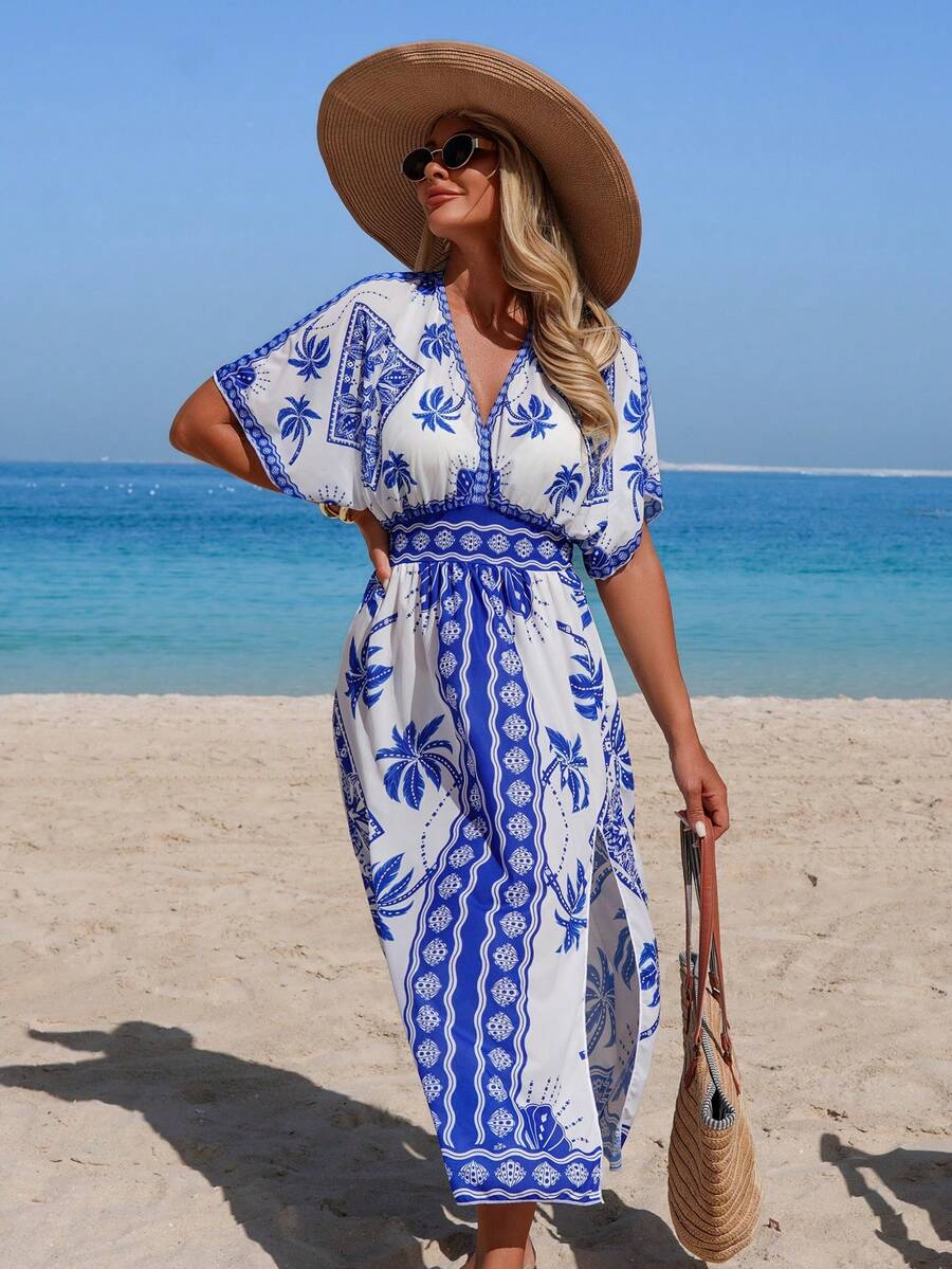 Swim Lushoire 畅销沙滩度假休闲印花短袖深V领侧开衩罩衫 - 彩色 - 查看 1