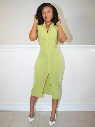 Steph T 女士短袖翻领修身开衩下摆连衣裙