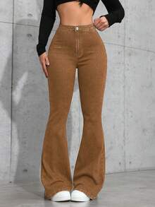 SHEIN Privé Quần jeans ống loe cạp cao, giặt mài, phong cách thường ngày - màu nâu - Xem 3