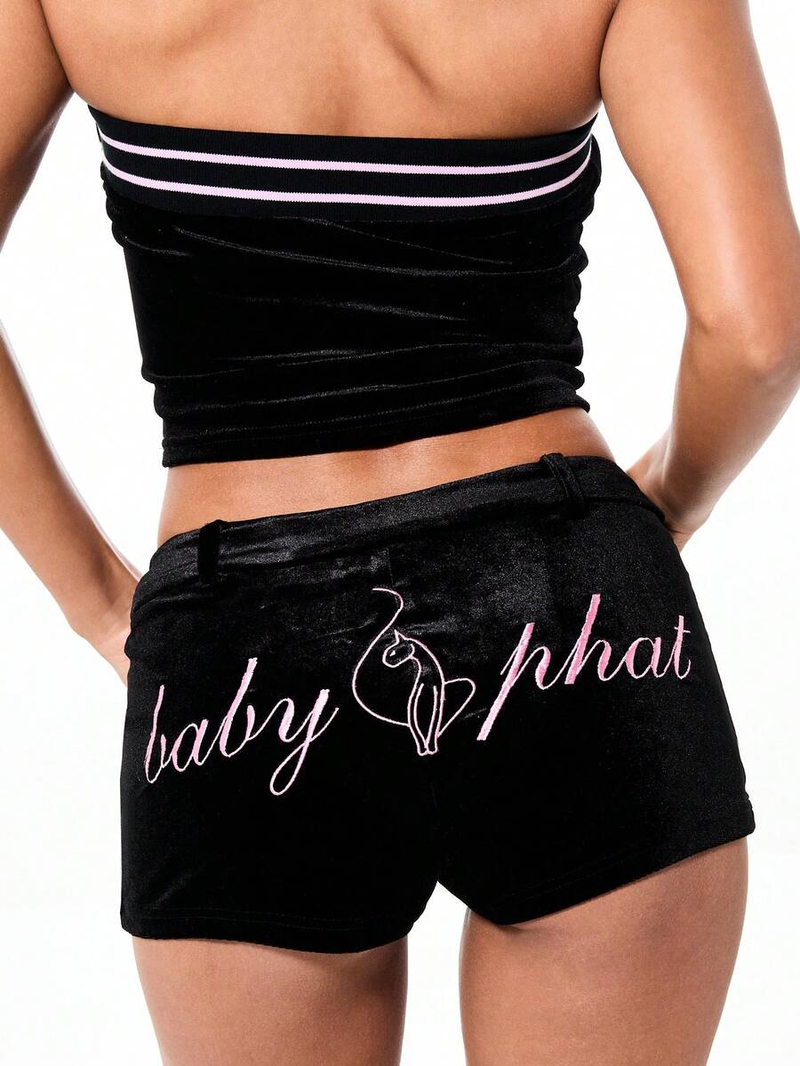 BABYPHAT Pantalones cortos de terciopelo para mujer con estampado de texto, pantalones cortos negros mini sexy, ropa interior de moda linda - Negro - Ver 1