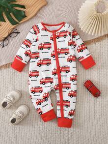 SHEIN Playful Pals Bộ đồ liền thân dài tay cho bé trai mùa xuân hè, kiểu dáng rộng rãi, dễ thương và năng động, mang hơi hướng giáo dục. Họa tiết in chữ xe cứu hỏa màu đỏ trắng, thích hợp mặc ngoài trời. Thiết kế khóa kéo. Thời trang và thoải mái. Thanh lịch. Phù hợp cho thư giãn tại nhà, đi dạo và các hoạt động hàng ngày như tham quan triển lãm chủ đề về lửa. - Đỏ - Xem 4