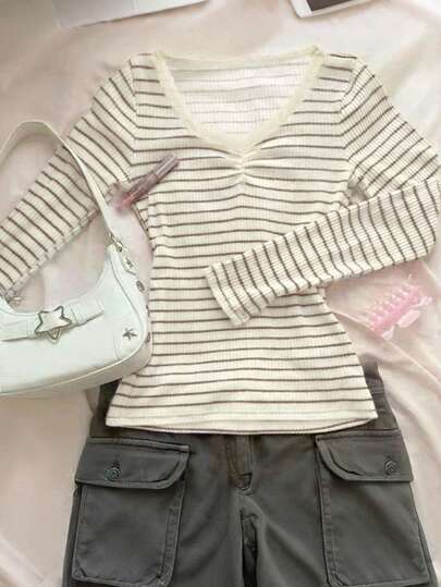 INAWLY 大码女式休闲浪漫复古条纹长袖T恤