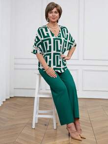 Miaspire Women's Casual Commuter Geometric Print Top And Pants 2 Pieces Set - Cadet Blue - View 6