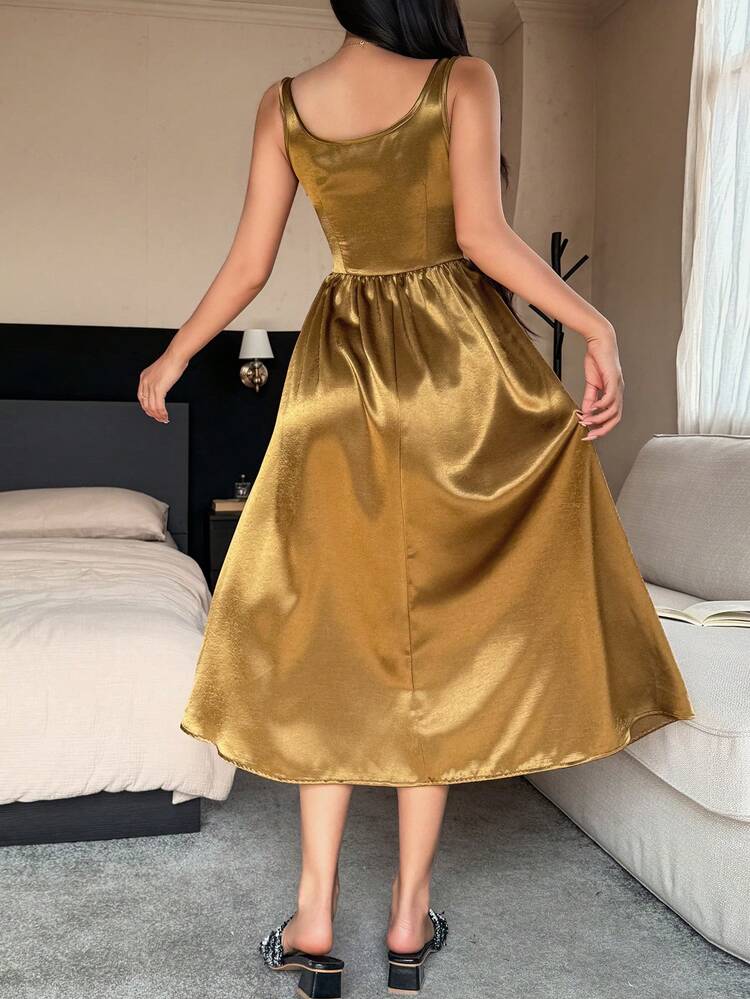 Satin Floral Trim Sleeveless Waist Cinched Long Women Nightgown