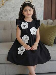 SHEIN Young Girl Woven Colorblock 3D Floral Round Neck Cap Sleeve Black Summer Dress,Kids A-Line 7th Birthday Party Dress For 8 Year Old Elegant Abaya - Red - View 2