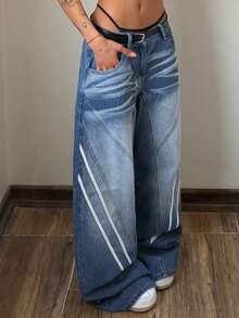 StreetHx Women's Punk Style Casual Street Fashion Versatile Loose Fit Denim Jeans - Medium Wash - View 3