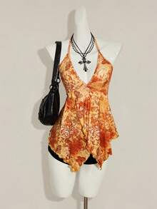 SHEIN ICON Print Asymmetric Hem Fashion Halter Neck Tank Top - Orange - View 4