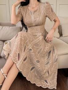 DAZY Đầm ren hoa cổ tròn tay cánh hoa dài ngang gối thanh lịch dành cho nữ, đầm hè. - Màu Khaki - Xem 4