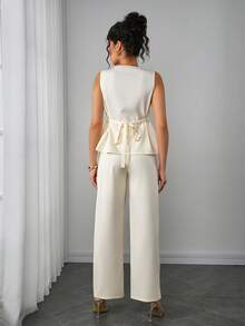 Momance 2件套孕妇夏季通勤双排扣背心和裤子套装 - 杏色 - 查看 2