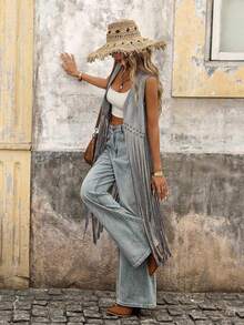 Brillora Studded Detail Fringe Hem Vest Coat In Fall/Winter - Grey - View 7