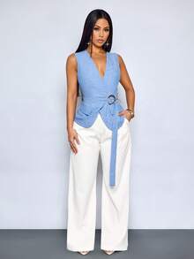 SOLERSUN Sexy And Elegant Women's Casual Denim Blue Suit Vest/Thin Jacket, Old Money Style, Suitable For Spring And Summer. - Blue - View 5