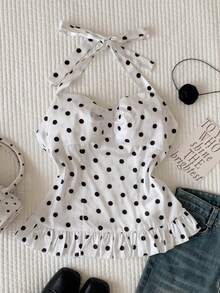 Comfortcana Women's Sweet Polka Dot Print Ruffle Hem Halter Top - White - View 3