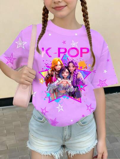 1pc Young Girl Cute Kpop Girl Group Purple Heart Allover Print Loose Fit Graphic Tee, Suitable For Spring, Summer, Autumn, Winter, Great Valentine's Day Gift For Girls, Tops