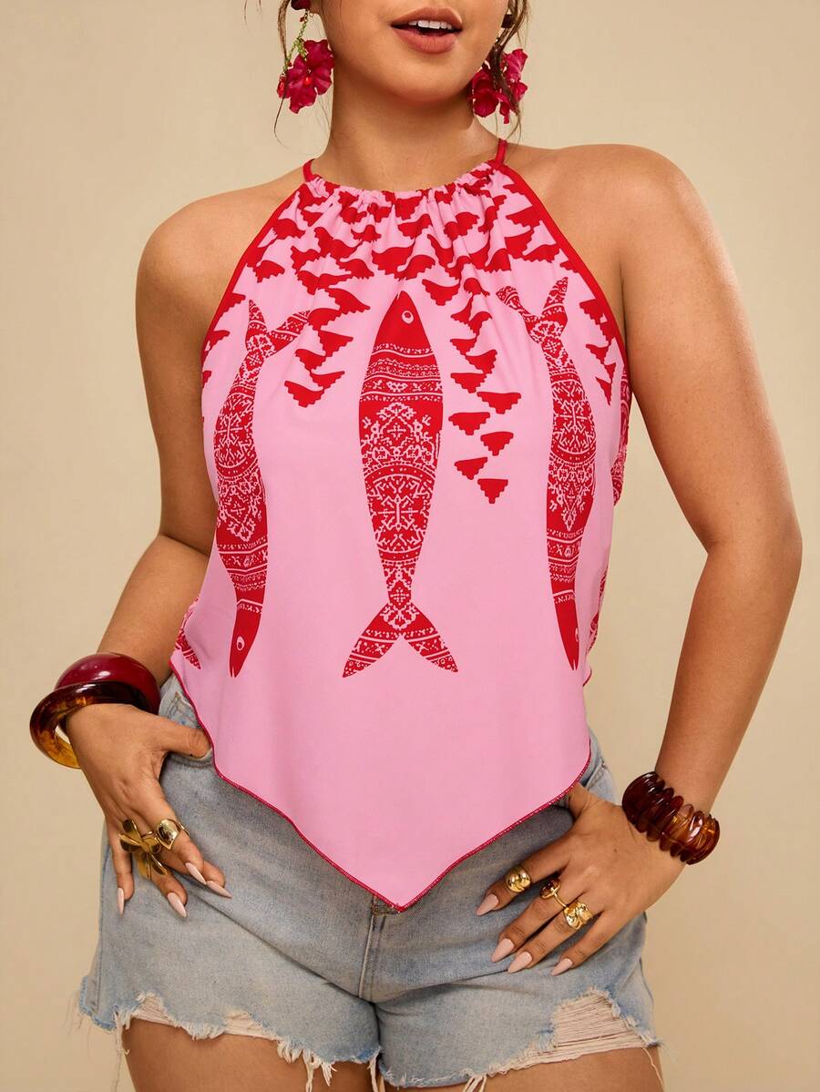 Travachic Plus Size Women Boho Summer Holiday Style Fish Print Halter Top