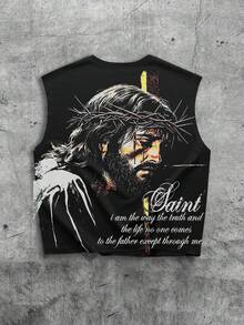 ROMWE MEN Street Life 男士个性街头风无袖背心，耶稣信仰图案印花圆领宽肩休闲背心，必备街头服饰 - 彩色 - 查看 2