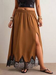 Freevana Váy xẻ cao phối ren tương phản màu sắc thời trang mùa hè cỡ lớn - Cà phê nâu - Xem 7