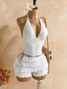 Soleia 女士夏季蕾丝荷叶边V领露背连体衣 - 米色 - 查看 3