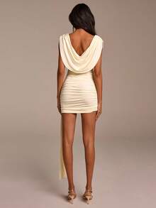 COSMINA Elegant Women's Sleeveless Cowl Neck Bodycon Mini Dress In Apricot Knitted Fabric With Knot Detail - Apricot - View 4