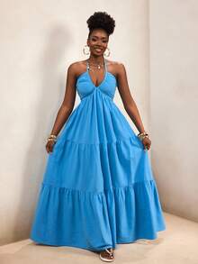 Swim Vcay Đầm dài xếp ly cổ chữ V, dây mảnh, hở lưng, chất liệu 100% cotton, kiểu dáng rộng rãi, thoải mái, thích hợp cho kỳ nghỉ biển của phụ nữ. - Màu xanh lam - Xem 1