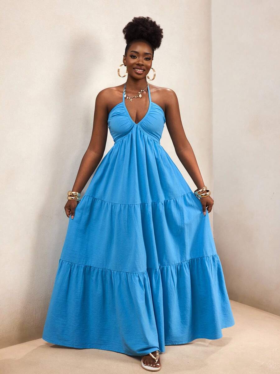 Swim Vcay Đầm dài xếp ly cổ chữ V, dây mảnh, hở lưng, chất liệu 100% cotton, kiểu dáng rộng rãi, thoải mái, thích hợp cho kỳ nghỉ biển của phụ nữ. - Màu xanh lam - Xem 1