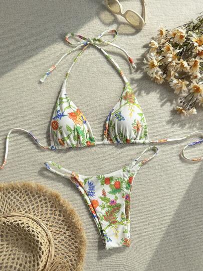 Swim Mod 2026 Spaghetti Strap Ribbed Yellow Base Orange Floral Halter Tie Side High Cut 2-Piece Bikini Swimwear For Women Bathing Suits For Women Tropical Boho Bikini Bikini Floral Tie Bikini Set Flower Bathing Suit Modest Bikinis Modest 2 Piece Swimsuit Tropical Bikini Set