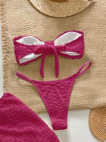 Swim Chiccia 3件套纹理无肩带海星比基尼性感泳装套装 - 玫紅色 - 查看 2