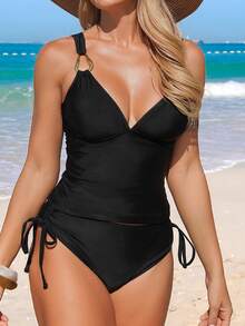 Swim Lushoire Women's Fashion Side Drawstring Camisole & Bikini Set, Summer - Black - View 3
