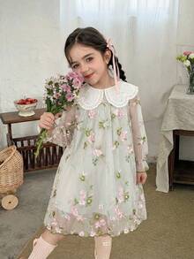 SHEIN LMoss Kids 女童纯色网纱泡泡领修身休闲连衣裙 - 綠色 - 查看 4