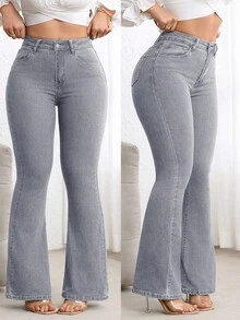 Flexra Plus Size High Waist Slim Fit Flare Leg Washed Dark Blue Jeans - Light Grey - View 1
