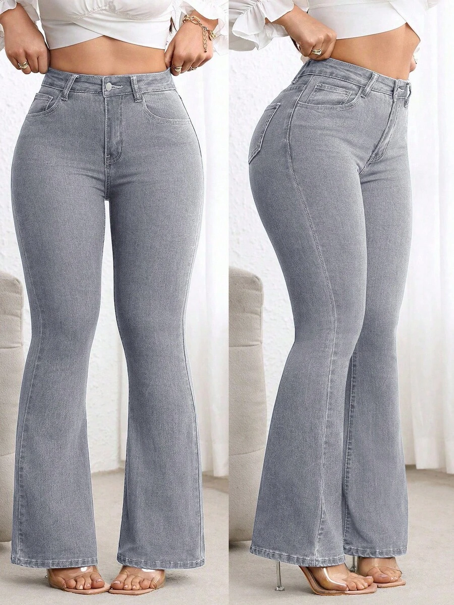Flexra Plus Size High Waist Slim Fit Flare Leg Washed Dark Blue Jeans - Light Grey - View 1