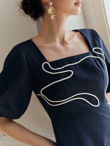 Anewsta 女士手摇刺绣撞色设计优雅泡泡袖方领系带A字连衣裙 - 藏蓝色 - 查看 1