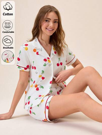 EURMUSE Strawberry All Over Print Contrast Binding Notch Collar Button Front PJ Set & Cute Fruit Graphic Elastic Waist Shorts Summer Loungewear Sleepwear For Wome