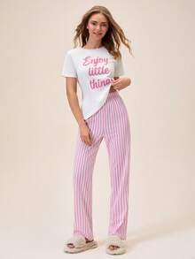 Loomlin French Girl Aesthetic: Minimalist Letter Graphic Tee & Pink Pinstripe Wide-Leg Pajama Set - Pink - View 4