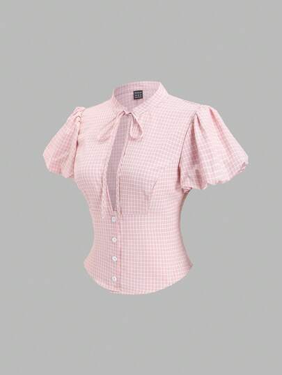 Sweetra Summer New Cute Petal Sleeve Plaid Bow Tie Waist Hollow Short Hem Blouse, Pink, Suitable For Spring/Summer Vacation